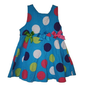 𝅺rare EDITIONS Corduroy Blue and Milticolor Polka Dot Dress with Ribbon Bows